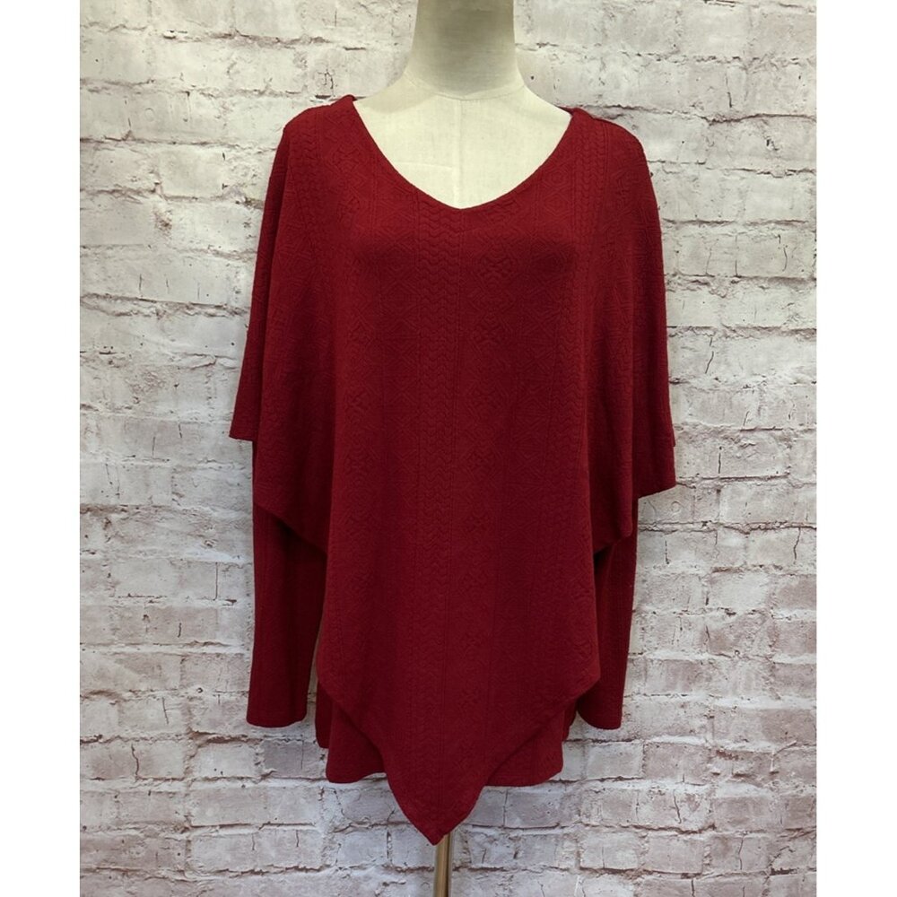 Indigo Soul Red Textured Knit Pullover Top V Neck Dolman Sleeve Layered Size L